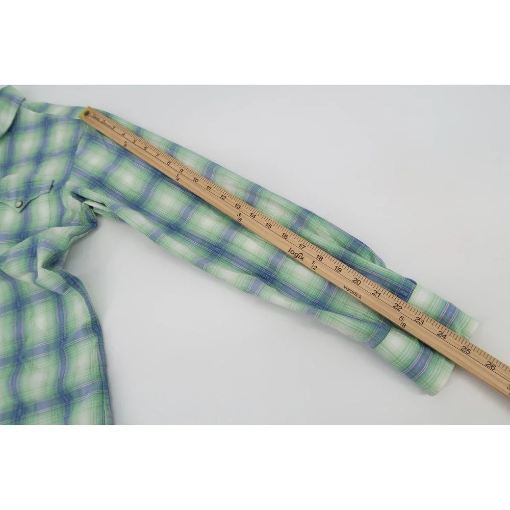 Vintage‎ Polo Ralph Lauren Western Shirt Mens Small Green Blue Plaid Pearl Snap